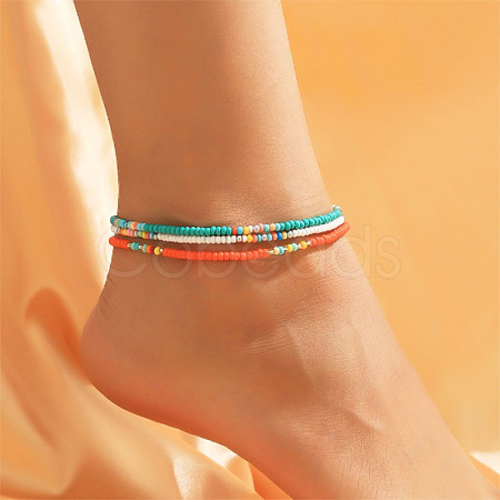 3Pcs Bohemian Style Glass Seed Rondelle Beaded Stretch Anklets for Women WG3334E-01-1