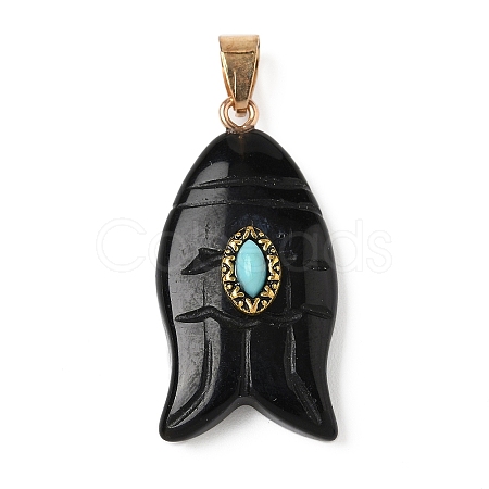 Natural Black Obsidian & Synthetic Turquoise Carved Pendants G-Z084-01G-07-1