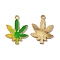 Alloy Enamel Pendants, Cadmium Free & Nickel Free & Lead Free, Light Gold, Pot Leaf/Hemp Leaf Shape Charm, Lime Green, 25x18.5x1.4mm, Hole: 1.8mm