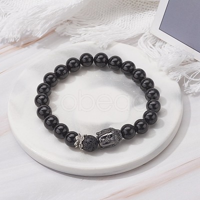 Natural Tourmaline & Lava Rock Round Beads Energy Power Stretch Bracelet for Men Women BJEW-JB07037-01-1