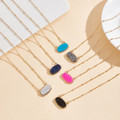 6Pcs 6 Colors Simulated Druzy Resin Oval Pendant Necklaces Set with Alloy Satellite Chains NJEW-AN0001-59-1