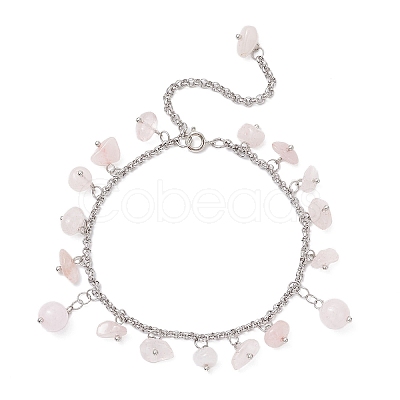 304 Stainless Steel Natural Rose Quartz Chips Charm Bracelets BJEW-JB12376-03-1