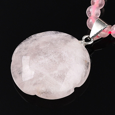 Natural Rose Quartz 4.5mm Round Beaded Flower Pendant Necklaces NJEW-T016-04O-1