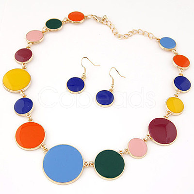 Alloy Enamel Flat Round Link Chain Necklaces & Dangle Earrings Sets for Women FS-WG50978-05-1