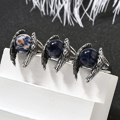 Natural Sodalite Wings Adjustable Rings RJEW-K241-04AS-06-1
