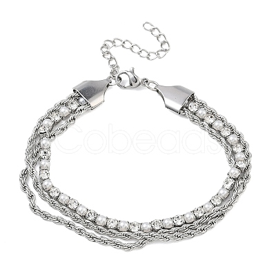 304 Stainless Steel & Rhinestone Rope Chain Double Layer Bracelets for Women BJEW-F540-07P-1