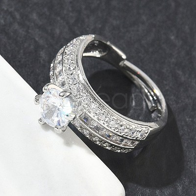 Adjustable Brass Finger Rings with Round Cubic Zirconia Center & Baguette Accents for Women CU-CBA7E55-16P-1