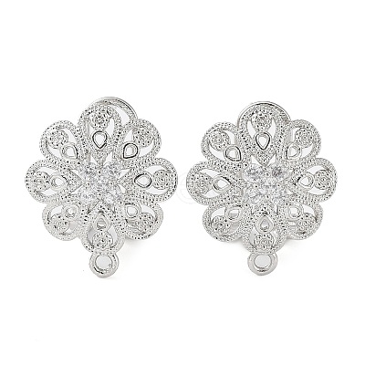 Flower Brass Micro Pave Cubic Zirconia Stud Earrings Finding KK-E083-17P-1