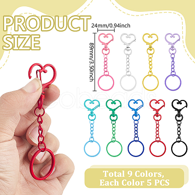 45Pcs 9 Colors Heart Alloy Baking Paint Swivel Clasps and Iron Rings KEYC-GA00015-1