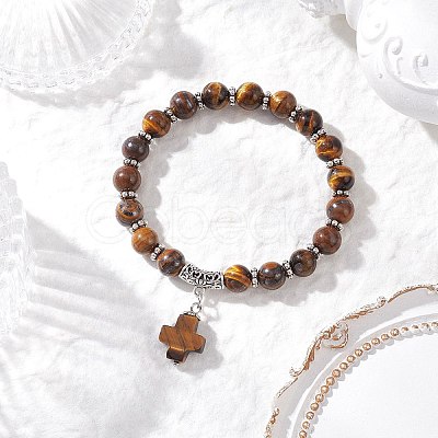 Natural Tiger Eye Cross Charm Bracelets BJEW-JB12259-03-1