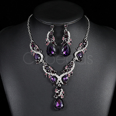Teardrop Alloy Rhinestone Pendant Necklaces & Stud Dangle Earrings Sets FS-WGB9BB4-02-1