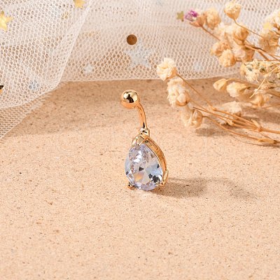 Real 18K Gold Plated Teardrop Brass Cubic Zirconia Navel Ring Navel Ring Belly Rings AJEW-EE0001-13B-1