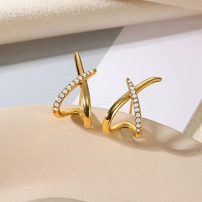 Brass Clear Cubic Zirconia Cross Stud Earrings EJEW-A134-02G-1