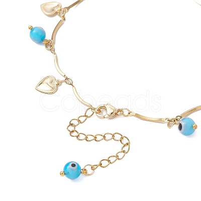 3Pcs 3 Styles Handmade Evil Eye Lampwork & Stainless Steel Moon Heart Leaf Tassel 304 Stainless Steel Curved Bar Link Chain Anklets for Women AJEW-AN00742-1