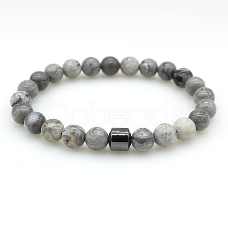 Natural Map Stone Round Beaded Stretch Bracelets for Men Women FS-WG77712-03-1