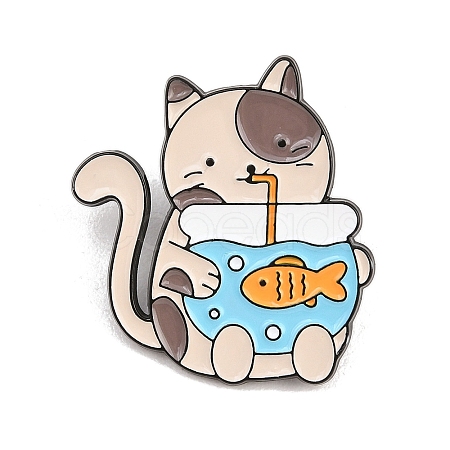 Funny Cat Drinking Fishbowl Enamel Pins JEWB-E044-02EB-03-1