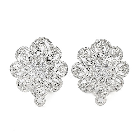 Flower Brass Micro Pave Cubic Zirconia Stud Earrings Finding KK-E083-17P-1