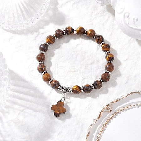 Natural Tiger Eye Cross Charm Bracelets BJEW-JB12259-03-1