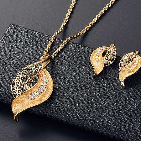 Leaf Alloy Rhinestone Pendant Necklaces & Stud Earrings Sets FS-WG55378-01-1