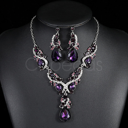Teardrop Alloy Rhinestone Pendant Necklaces & Stud Dangle Earrings Sets FS-WGB9BB4-02-1