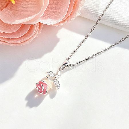 Brass Pave Clear Cubic Zirconia Enamel Rose Flower Pendant 304 Stainless Steel Cable Chain Necklaces for Women WG5C08E-02-1