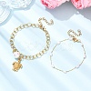 2Pcs 2 Styles 304 Stainless Steel Sea Turtle & Round Shell Pearl Charm Bracelets & 316 Surgical Stainless Steel Plastic Imitation Pearl Link Bracelets Set for Women BJEW-JB12422-1