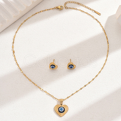 Vintage 201 Stainless Steel & Plastic Heart with Evil Eye Stud Earrings & Pendant Necklaces Set for Women JC7248-1