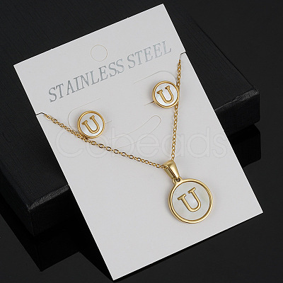 304 Stainless Steel with Natural Shell Pendant Necklaces & Stud Earrings Sets FS-WG5FD70-21-1