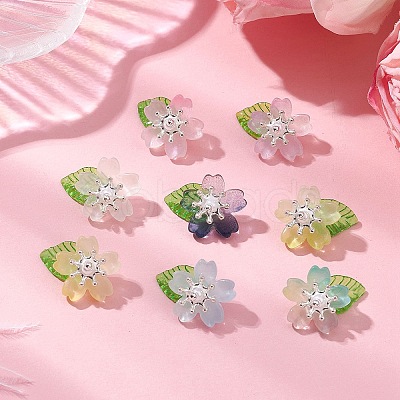 Flower Glass with Leaf Acrylic Charms HJEW-JM02572-01-1
