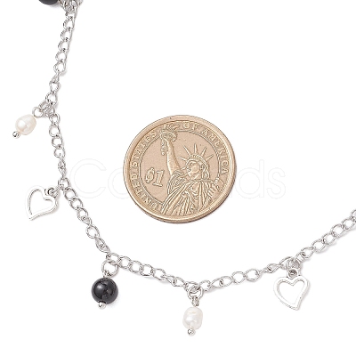 Natural Black Agate(Dyed & Heated) & Natural Pearl & 304 Stainless Steel Heart Tassel Curb Chain Necklaces NJEW-JN05342-1