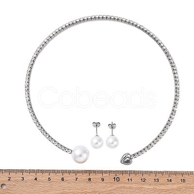 Round Plastic Imitation Pearl Stud Earrings & Heart Cubic Zirconia Rhinestone Cuff Choker Necklaces Sets SJEW-U003-08P-1