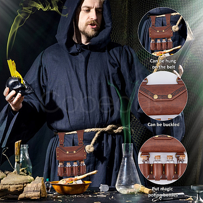 Rectangle PU Leather Medieval Waist Belt Bag with Belt and 4 Glass Potion Bottles AJEW-WH0752-296B-1