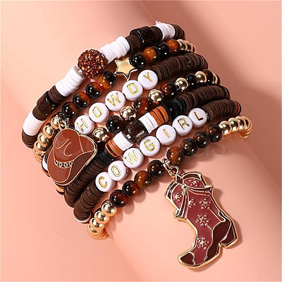7Pcs Boot Western Cowboy Style Polymer Clay Heishi  & CCB Plastic & Natural Tiger Eye Beaded Bracelets FS-WG5CAF3-03-1
