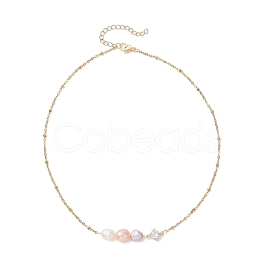 Natural Cultured Freshwater Pearl Potato & Glass Beaded Pendant 304 Stainless Steel Satellite Chain Necklaces for Women NJEW-JN05937-02-1