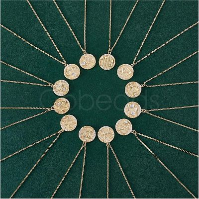 925 Sterling Silver 12 Constellation Necklace Gold Horoscope Zodiac Sign Necklace Round Astrology Pendant Necklace with Zircons Birthday Jewelry Gift for Women Men JN1089J-1