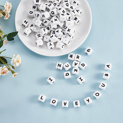 20Pcs White Cube Letter Silicone Beads SIL-YWC0003-06M-1