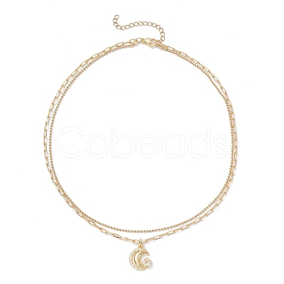 Brass Pave Clear Cubic Zirconia Moon with Star Pendant Necklaces NJEW-JN05383-1