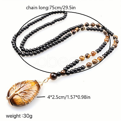 Natural Tiger Eye Copper Wire Wrapped Tree of Life Teardrop Pendant Black Round Beaded Necklaces for Men EF1555-1