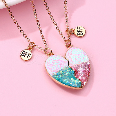 2Pcs Fashionable Alloy Resin BFF Glitter Heart Magnetic Pendant Necklaces for Women FS-WGCB8A0-01-1
