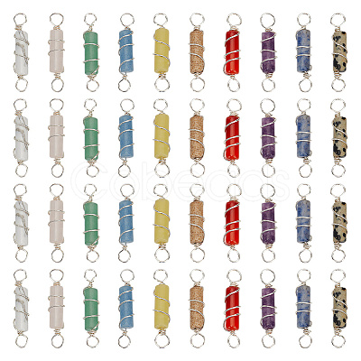 40Pcs 10 Styles Natural Mixed Gemstone Copper Wire Wrapped Column Connector Charms PALLOY-HY00040-1