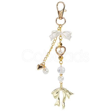 Bowknot & Heart Plastic Imitation Pearl Pendant Decorations HJEW-WH20020-006G-1