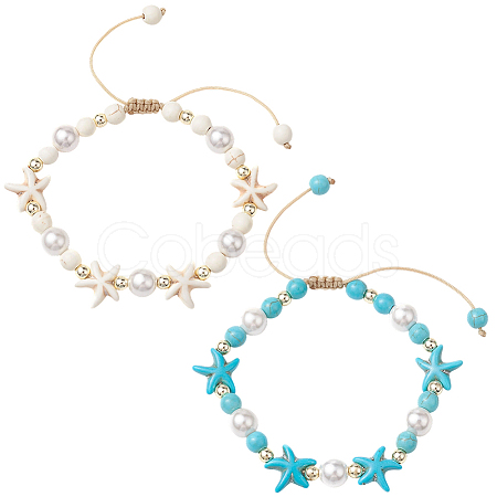 2Pcs 2 Colors Adjustable Dyed Synthetic Turquoise & Shell Pearl Braided Bead Bracelets BJEW-PA0001-04-1