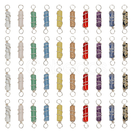 40Pcs 10 Styles Natural Mixed Gemstone Copper Wire Wrapped Column Connector Charms PALLOY-HY00040-1