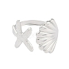 304 Stainless Steel Starfish & Shell Open Cuff Rings for Women RJEW-C095-09P-2