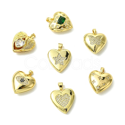 7Pcs 7 Styles Brass Micro Pave Clear Cubic Zirconia Locket Pendants FIND-CJ0005-08-1