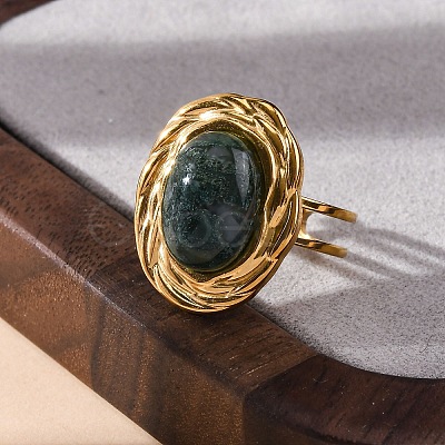 Oval Natural Moss Agate Finger Rings RJEW-M063-01G-07-1