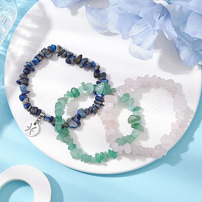 3Pcs 3 Styles Natural Green Aventurine & Rose Quartz & Lapis Lazuli Chips Stretch Bracelets Sets BJEW-JB11076-02-1