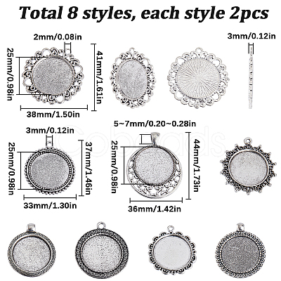 SUNNYCLUE 16Pcs 8 Styles Tibetan Style Flat Round Alloy Pendant Cabochon Settings TIBEP-SC0002-50-1