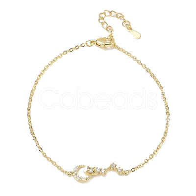 Brass Micro Pave Clear Cubic Zirconia Moon Star Link Bracelets KK-CBA6980-25G-1