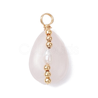 Copper Wire Wrapped Natural Rose Quartz & Natural Cultured Freshwater Pearl Beads Pendants PALLOY-JF03645-01-1